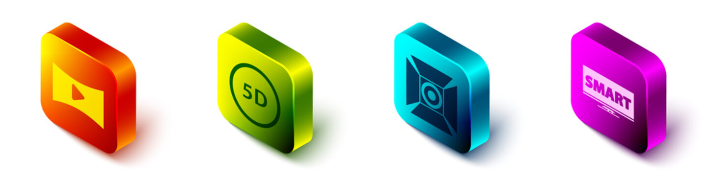 Set Isometric Online Play Video, 5d Virtual Reality, Movie Spotlight And Screen Tv With Smart Video Icon. Vector.