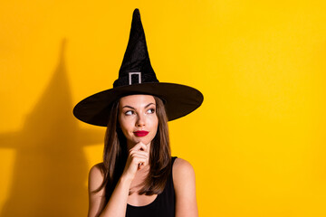 Close-up portrait of her she nice-looking attractive pretty glamorous minded lady wizard deciding clue copy space touching chin isolated on bright vivid shine vibrant yellow color background