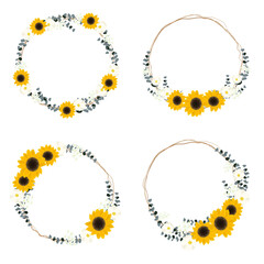 yellow sunflower wild flower and eucalyptus leaf on dry twig bouquet circle wreath frame collection flat style