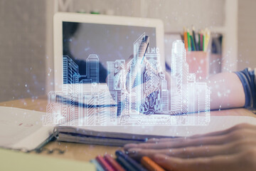 IOT drawing over writing hands in notepad background. Concept of smart home. Multi exposure