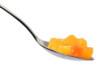 fruits fragrance in spoon cooked jam closed up isolated on white