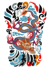 Dragon tattoo, Beautiful color Japanese on water splash background