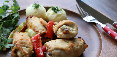 stuffed cooked baked chicken ready to eat
