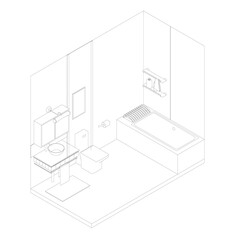 Fototapeta na wymiar Contour of a bathroom interior from black lines on a white background. Isometric view. 3D. Vector illustration