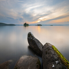 Landscape captured at sunset with textured foreground and long exposure