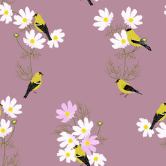 Seamless vector illustration with beautiful wildflowers and birds.