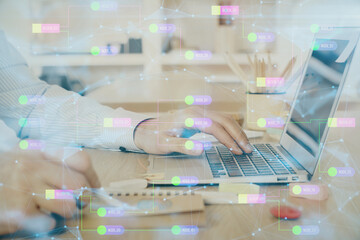 Businessman working on Laptop with technology theme drawing. Concept of big data. Double exposure.