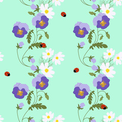 Seamless vector illustration with pansies and ladybird.