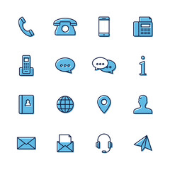 Set of blue outlined contact icons