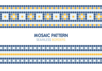 Mosaic seamless pattern, blue, yellow and white tiles repeated border element vectors - obrazy, fototapety, plakaty