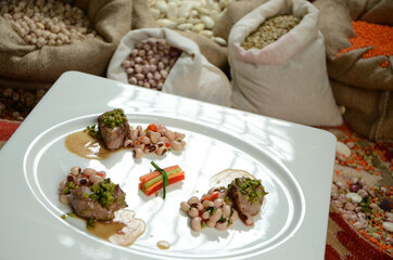 traditional turkish ottoman food in front of legume family sacks