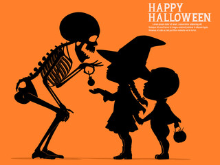 A skeleton is giving the children some candy in the Halloween night