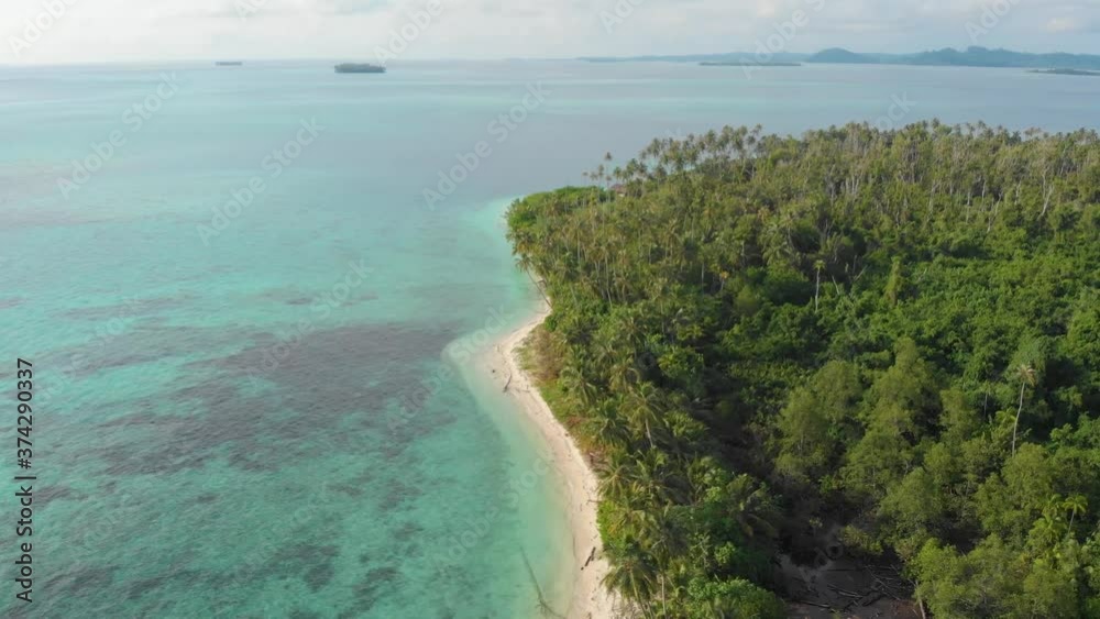 Wall mural aerial: flying over exotic white sand beach tropical island secluded destination away from it all, c