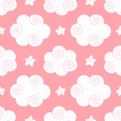 Cute dreamy pink vector seamless pattern background with doodle clouds and stars decorated with swirls and dots for kids, children design.