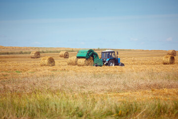 tractor collecting straw in the field after harvest