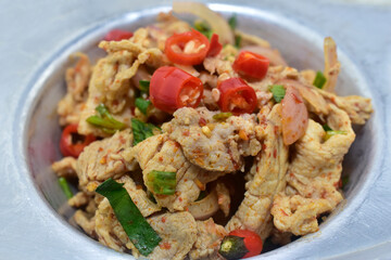 Thai food Pork Larb spicy on white background