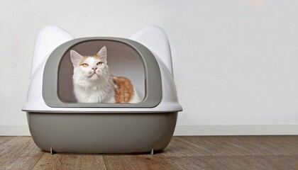 Tabby cat looking funny out of a litter box. Panoramic image with copyspace for your individual...