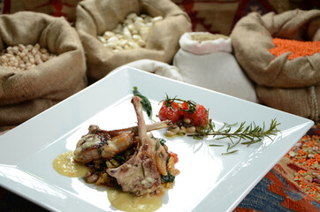 traditional turkish ottoman food in front of legume family sacks
