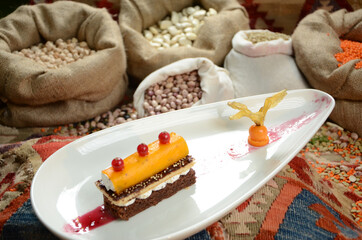 turkish traditional dessert in front of legume family sacks