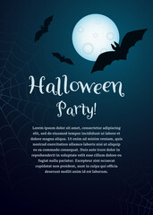 Happy Halloween text with cobwebs and bats on a dark background. Good for greeting card, Halloween party invitation, banner, greeting card, poster template.