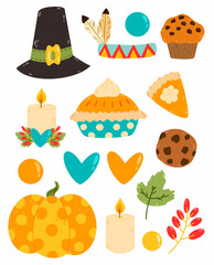 Flat vector cute cartoon set of Thanksgiving Day. Pilgrim hat, Native American feather hat, cupcake, candle, pumpkin pie, chocolate chip cookie, pumpkin, hearts.