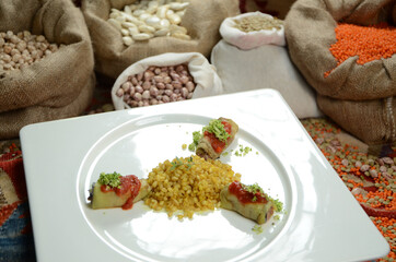 traditional turkish ottoman food in front of legume family sacks