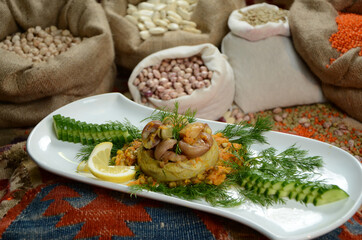 traditional turkish ottoman food in front of legume family sacks