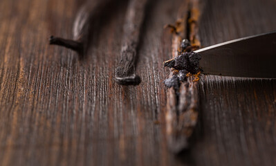 Vanilla beans and seed pods with knife