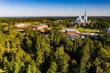 the ancient monastery of Valaam and nearby skerries filmed from a drone