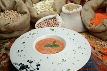 traditional turkish cuisine soup in front of legume family sacks