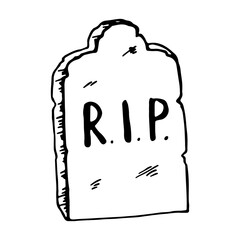 Vintage shabby headstones set. Hand drawn doodle sketch black outline gloomy gravestones for Halloween card banner poster. Stock vector illustration isolated on white background.