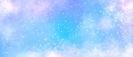 blue light bright space background with white clouds and many stars