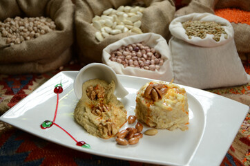 traditional turkish ottoman food in front of legume family sacks