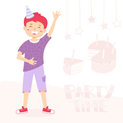 Boy is waving by hand and smiling. Welcome sign for the party. Birthday invitation