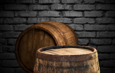 Wooden barrel on a table and textured background