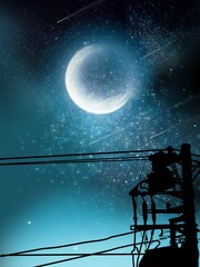 landscape of moon and thousands of stars in night sky with  electric pole's silhouette