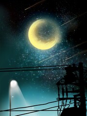 landscape of starry night sky , electric pole and street lamp