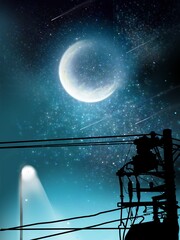 crescent moon and silhouette of electric pole in the starry night