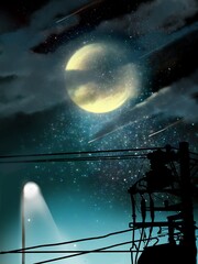 landscape of yellow moon and street lamp, electric pole in night sky