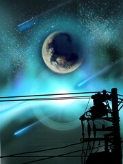 creepy moon and silhouette of electric pole in the starry night