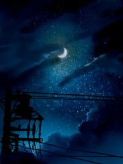 moonlight in night sky and silhouette of electric pole