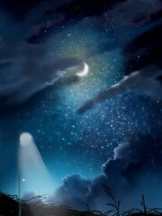 landscape of crescent moon in night sky and street lamp