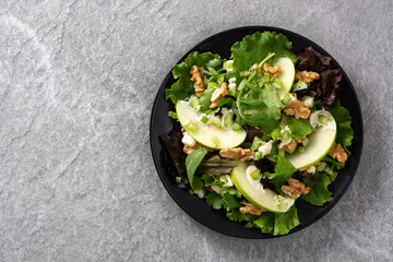 Fresh Waldorf salad with lettuce, green apples, walnuts and celery on gray stone. Top view. Copy space	
