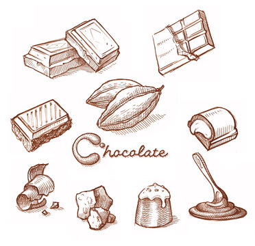 Chocolates. Hand drawn sketch sweets, caramel, candy, chocolate. 