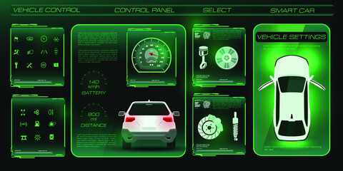 Car service. Holographic user panel with vehicle display. Electric vehicle control and diagnostics with HUD, GUI, UI user interface. Whole car electronics