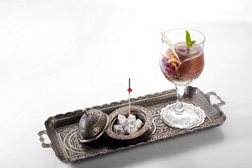 chocolate mousse turkish style service white background