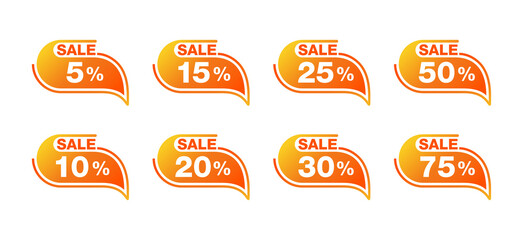 Autumn sale tags with different percentage for seasonal offers - 5, 10, 15, 20, 25, 30, 50 and 75 percents