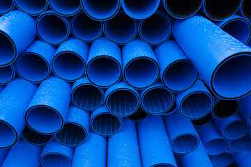 Blue plastic pipe is stockpiled for storage in the open air