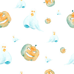 Seamless pattern with pumpkins and ghosts Watercolor Halloween pattern on a white background