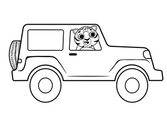 Coloring page outline of cartoon off road car with animal. Vector image on white background. Coloring book of transport for kids.